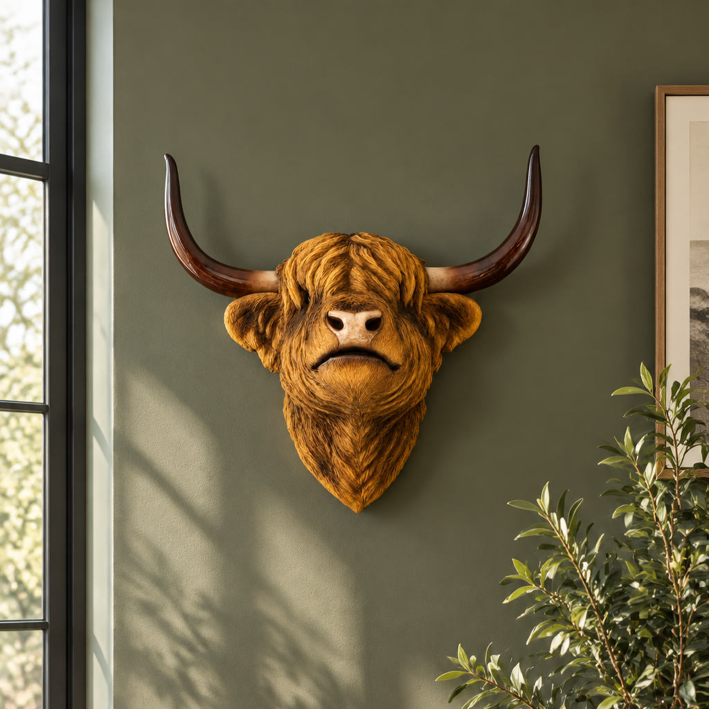 A Highland cow style bull head wall mount with long curved horns, mounted on a dark olive green wall in a styled interior setting with a window and plant visible.
