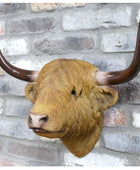 A realistic bull head wall mount with long curved dark brown horns, mounted on a gray brick wall.