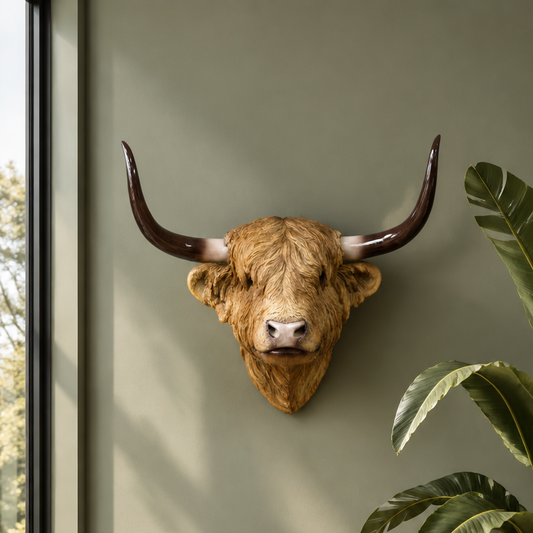 A realistic bull head wall mount with long curved horns, displayed on a muted sage green wall next to a window frame and green houseplant leaves.
