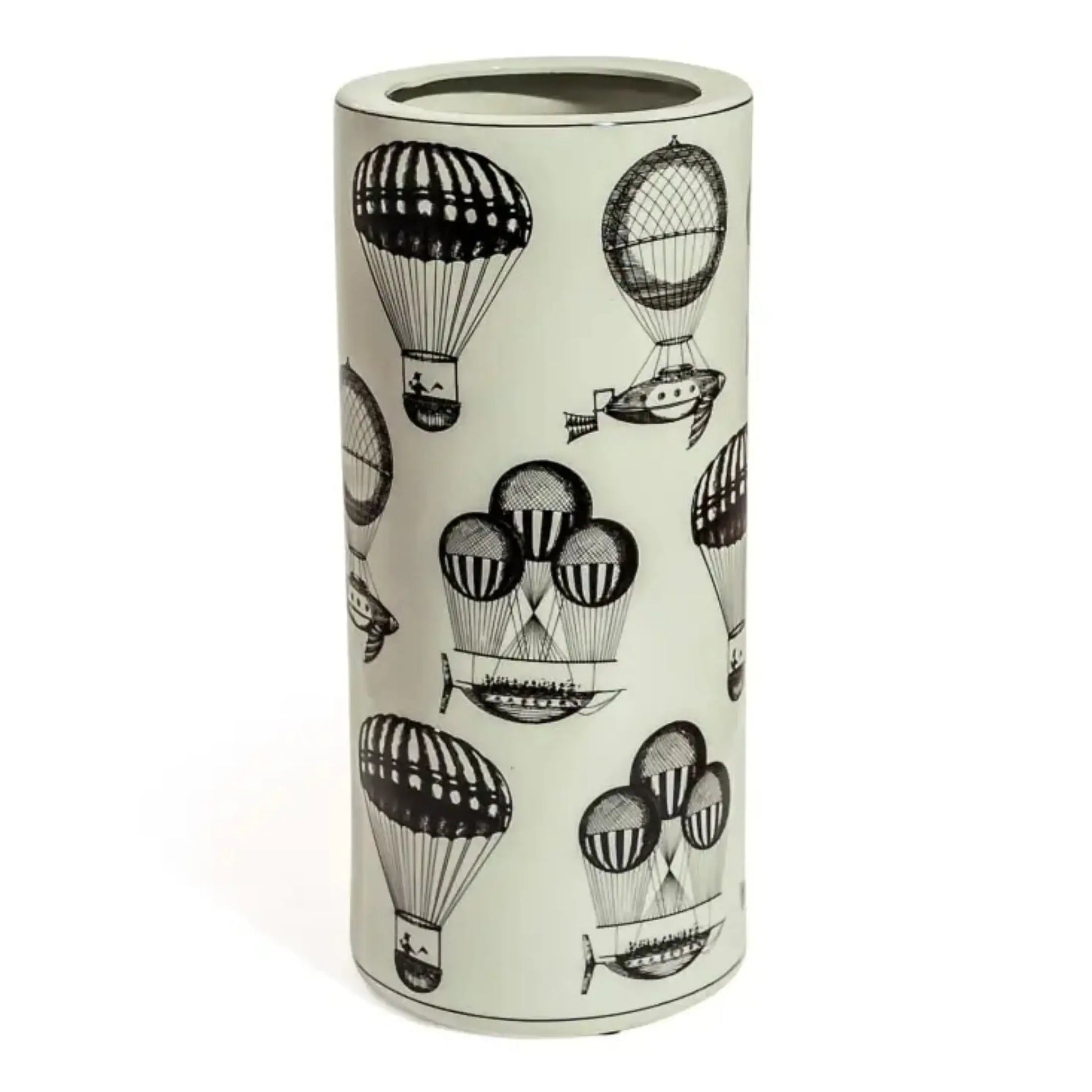 Umbrella stand with black hot air balloon design on a light background
