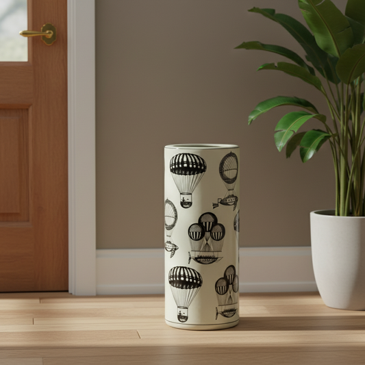 Umbrella stand with hot air balloon design on a wooden floor next to a plant