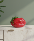 Red lip-shaped vase on a wooden cabinet with a green plant in the background