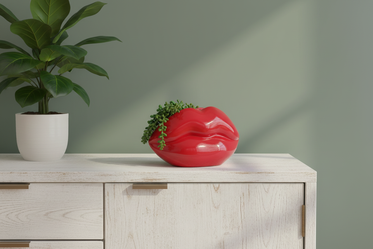 Red lip-shaped vase on a wooden cabinet with a green plant in the background
