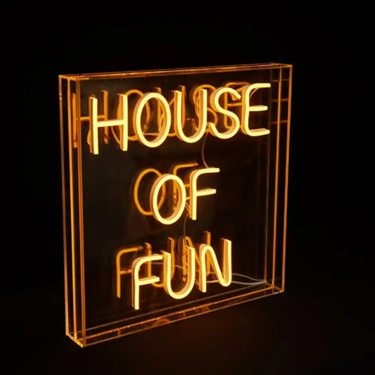 Neon sign with 'HOUSE OF FUN' text on a black background