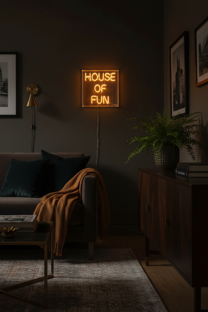 A glowing square neon sign reading 'HOUSE OF FUN' mounted on a dark wall in a styled living room with a sofa, throw blanket, sideboard, framed art, and a potted plant.
