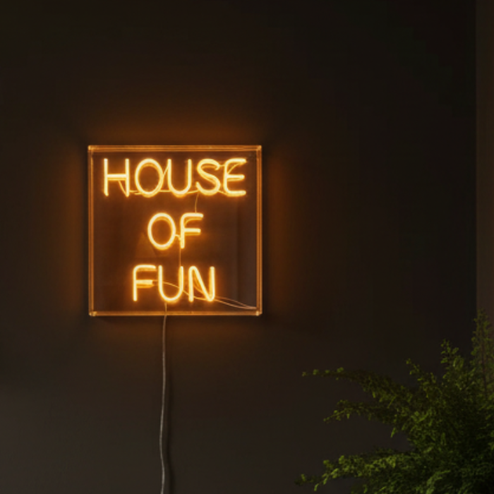 A square neon sign glowing with the words 'HOUSE OF FUN' in warm orange light, mounted on a dark wall with a visible power cord and a small green plant in the lower right corner.