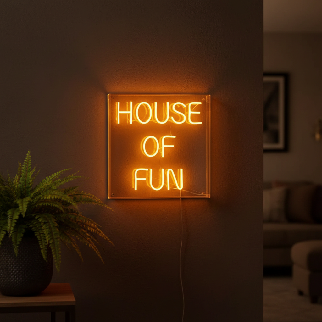 A square neon sign with the words 'HOUSE OF FUN' glowing in warm yellow-orange light, mounted on a dark wall in a dimly lit living room. A potted fern sits on a small table to the left, and a blurred sofa is visible in the background.