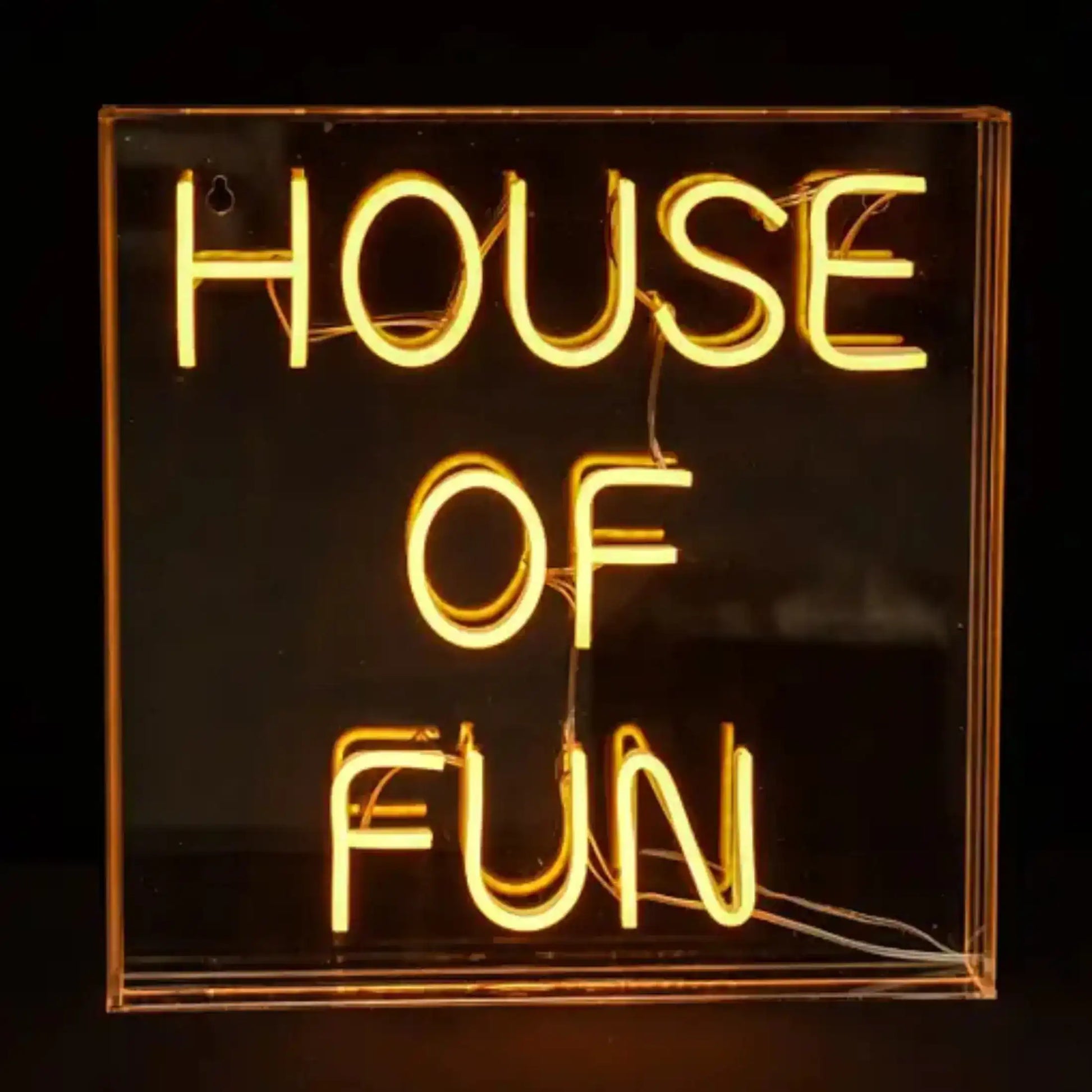 Neon sign with 'HOUSE OF FUN' text on a black background