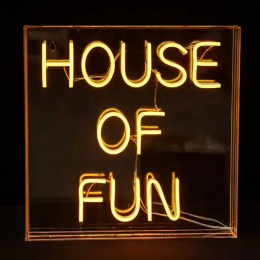 Neon sign with 'HOUSE OF FUN' text on a black background
