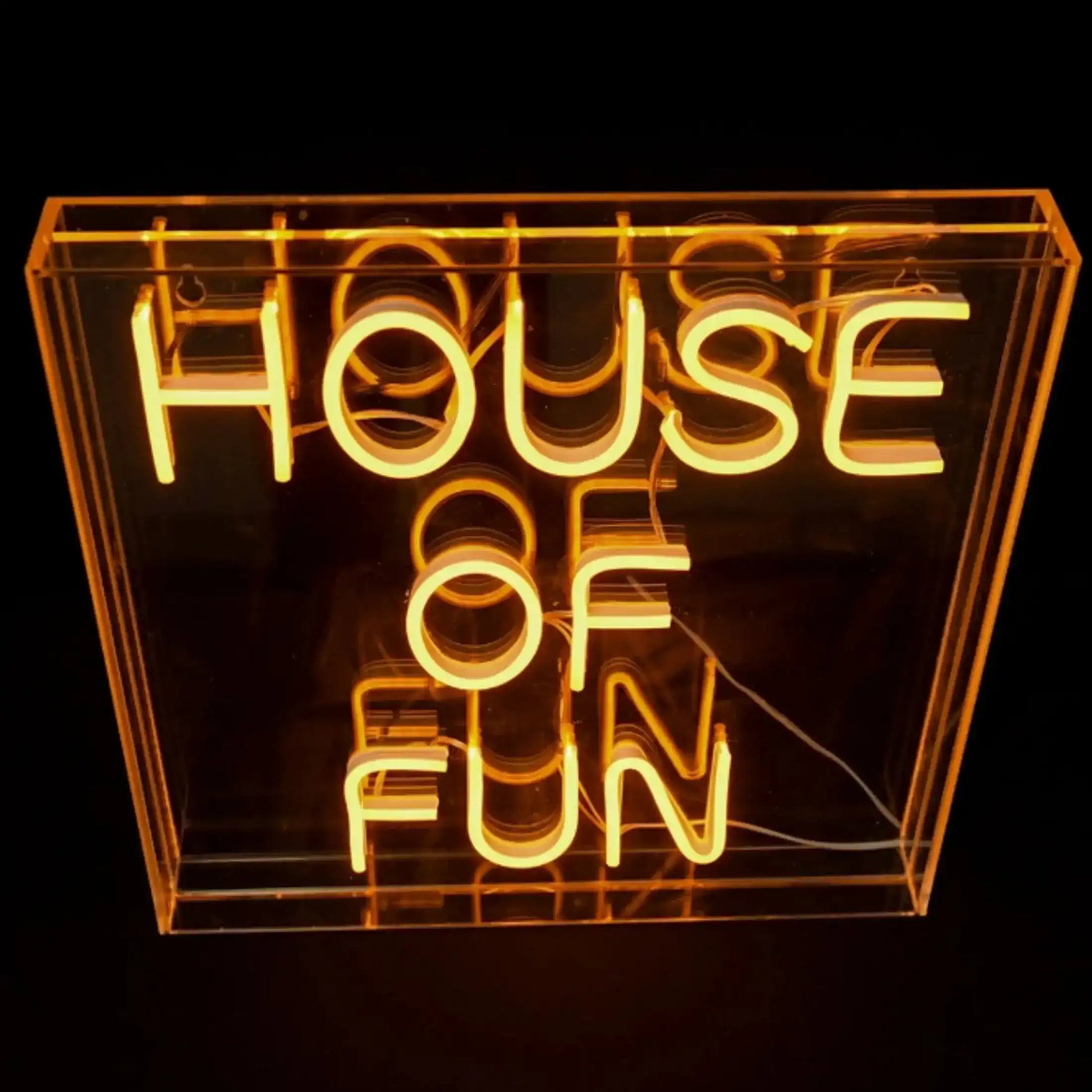 Neon sign with 'House of Fun' text inside a clear acrylic box on a black background