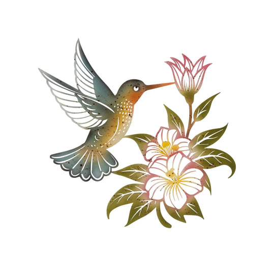 Illustration of a hummingbird and flowers on a white background