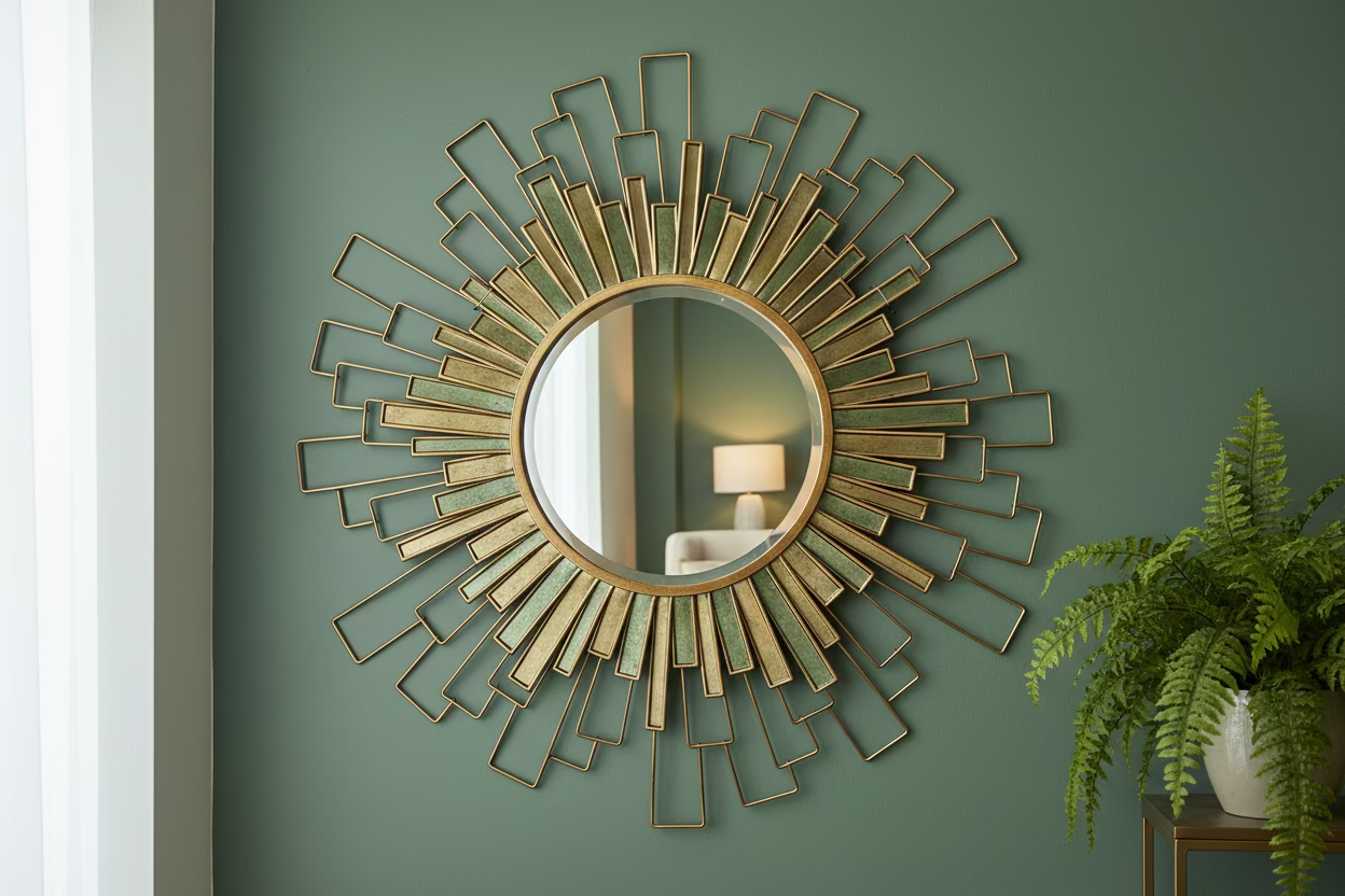 Decorative wall mirror with geometric design on a green wall
