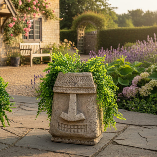 Decorative stone totem with greenery against a brick wall