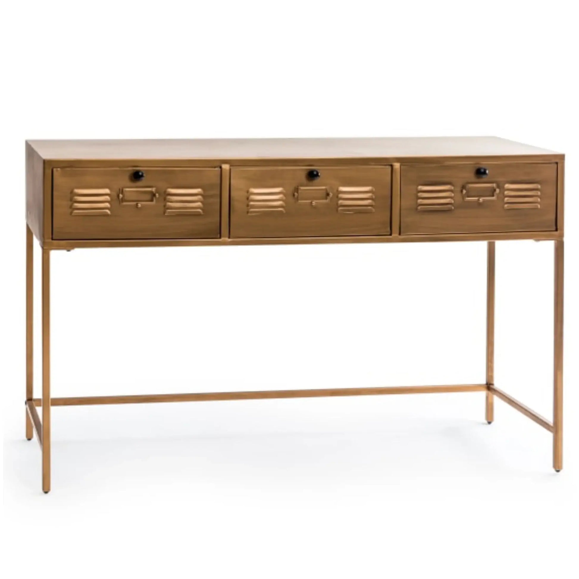 Wooden console table with three drawers on a white background