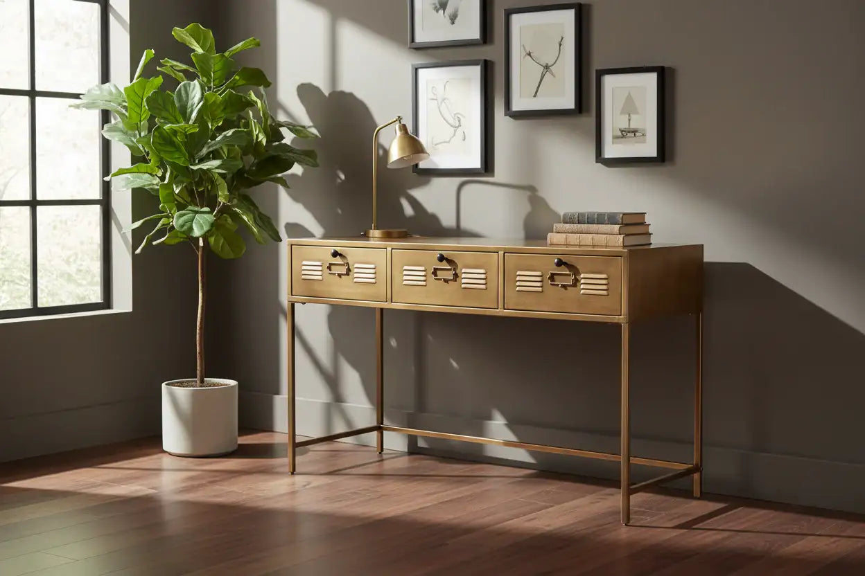 Wooden console table with decorative items in a room with a large window and wall art.