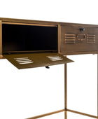 Bronze-colored metal locker with open door on a white background