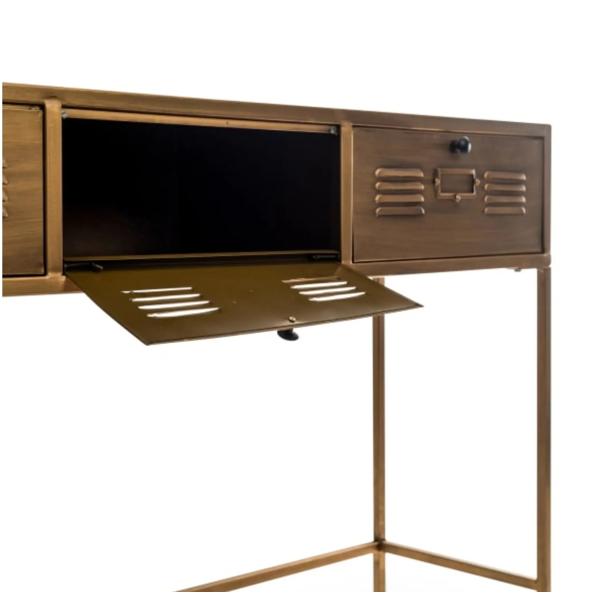 Bronze-colored metal locker with open door on a white background