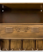Bronze-colored locker-style shelf with drawers and hooks on a white background
