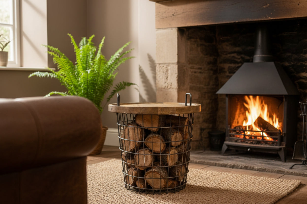 Cozy living room with a fireplace, wooden log holder, and fern.