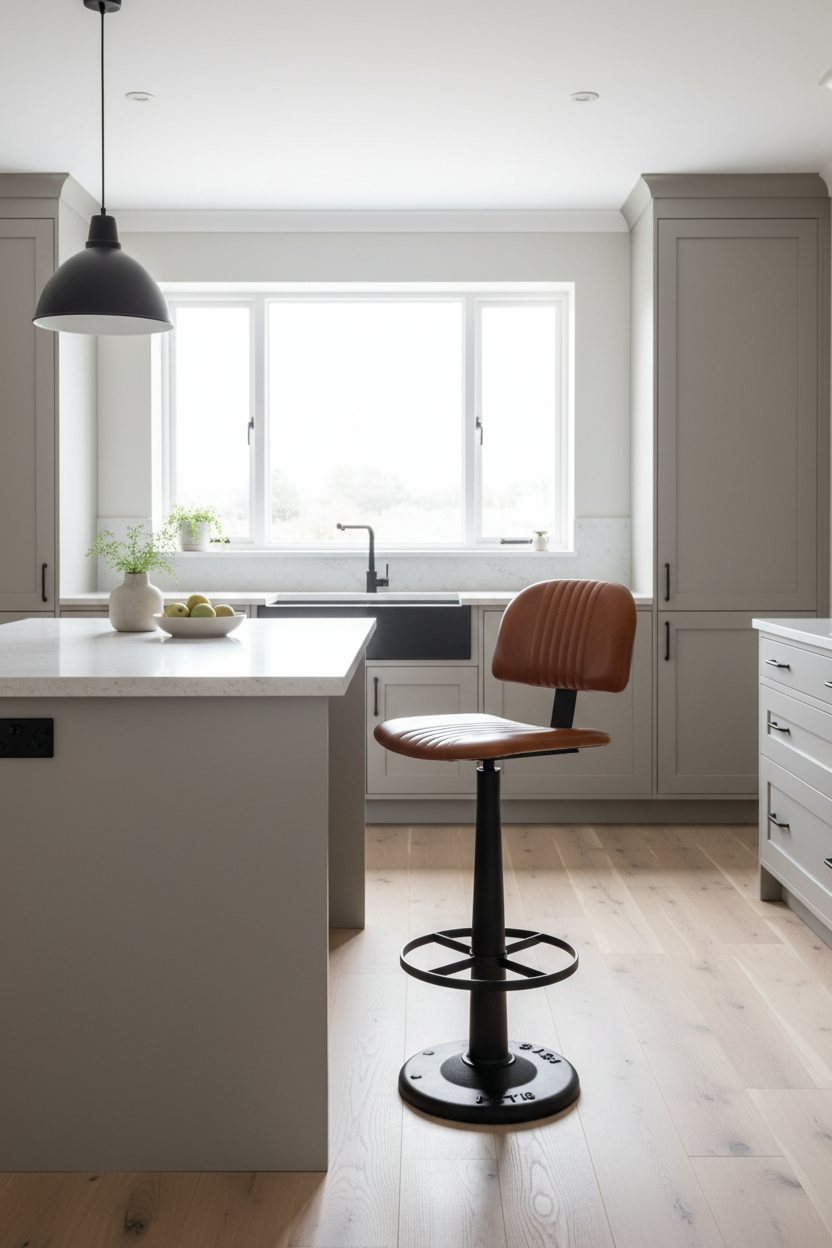 A modern kitchen island with a brown leather swivel barstool in a bright, contemporary kitchen featuring light gray cabinets and wood floors.