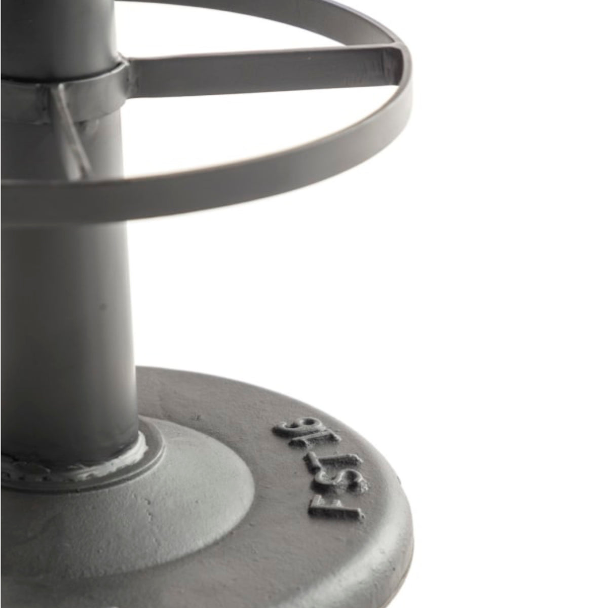 Close-up of a dark gray cast iron pedestal base with a circular ring and embossed 'FEST' branding on a white background.