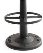 A close-up of a black cast iron outdoor table base with a circular ring support and embossed 'EST. 1916' markings on a white background.