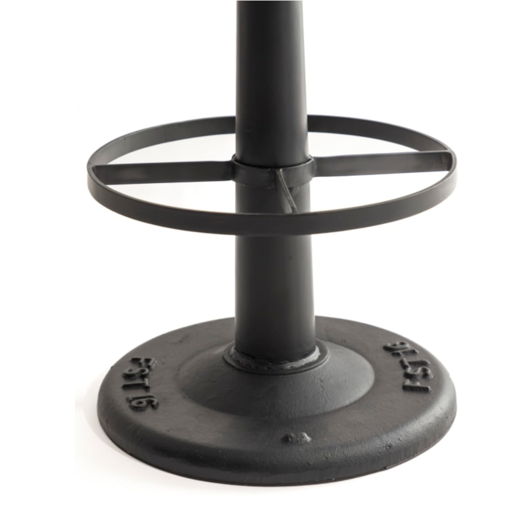 A close-up of a black cast iron outdoor table base with a circular ring support and embossed 'EST. 1916' markings on a white background.