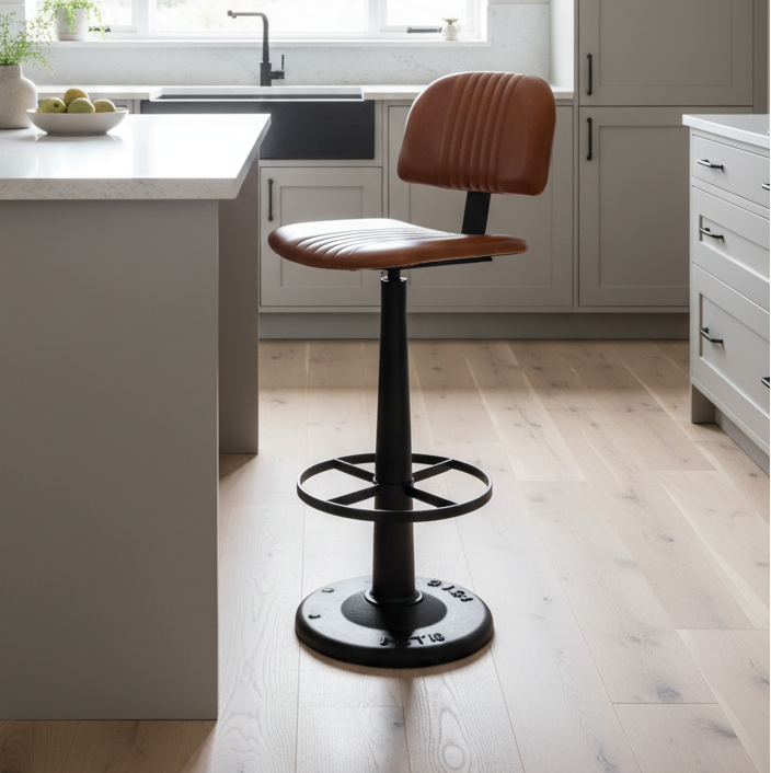 A modern kitchen bar stool with a brown leather seat and backrest, set in a bright kitchen with light wood floors and gray cabinets.
