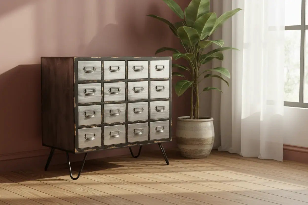 Industrial Distressed 16 Drawer Cabinet