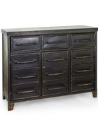 Dark wooden dresser with metal handles on a white background