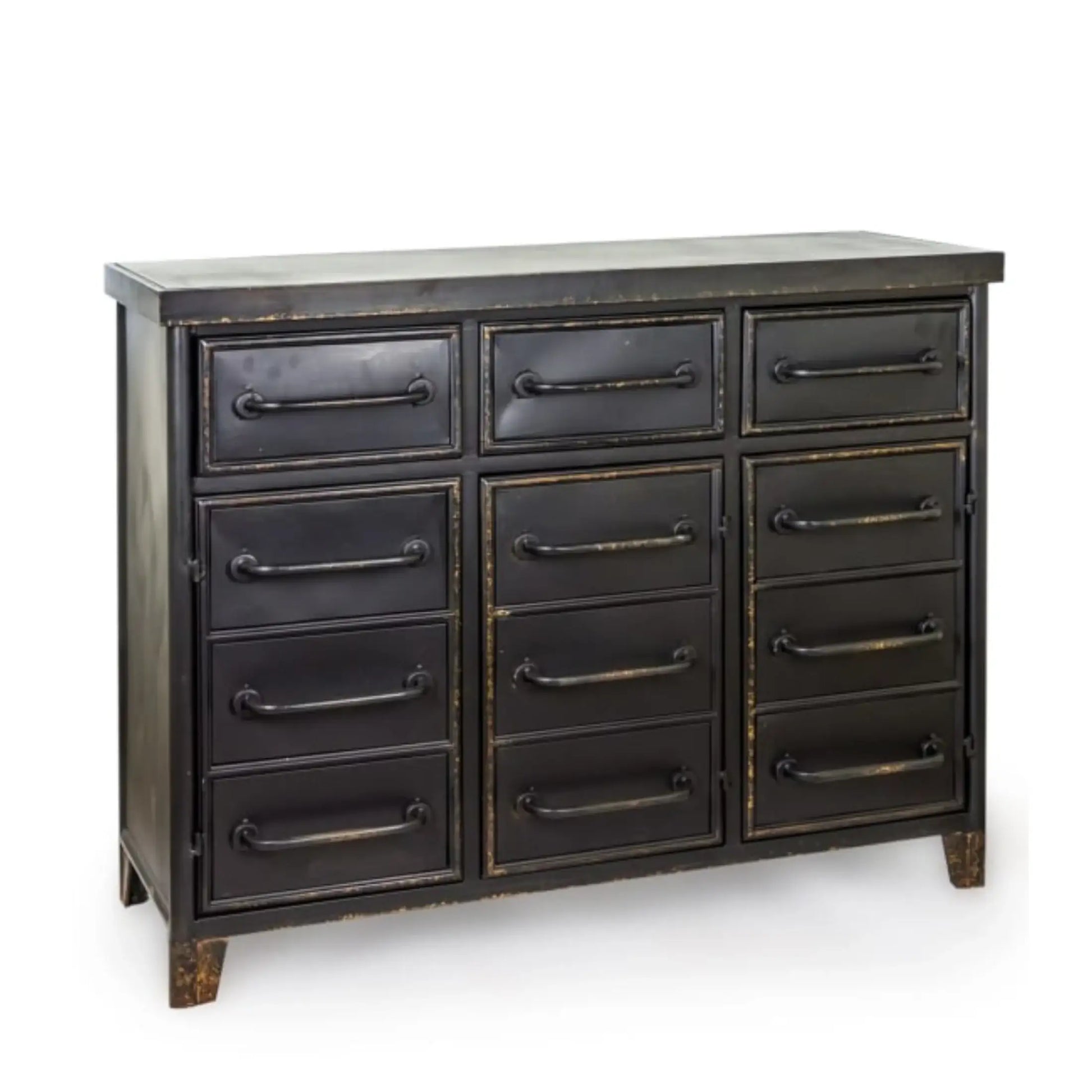 Dark wooden dresser with metal handles on a white background