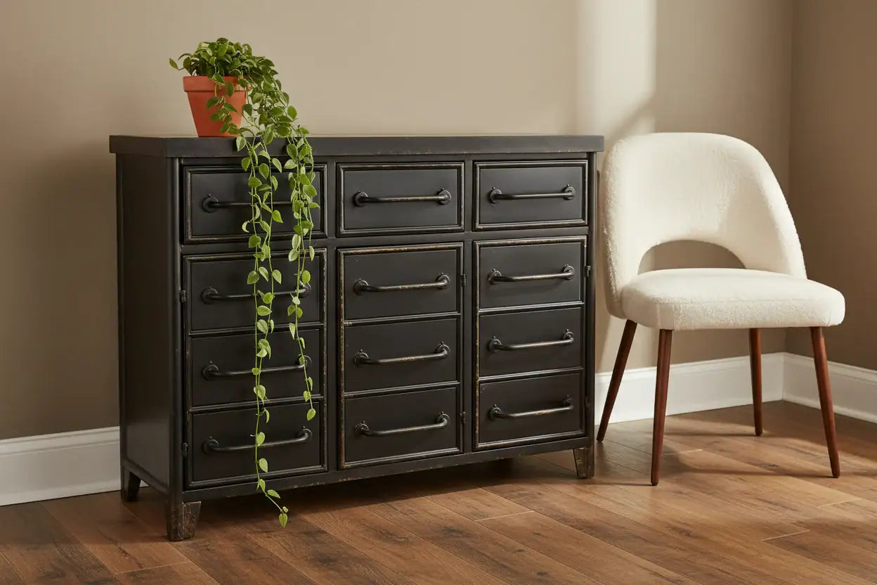 Dark wooden dresser with multiple drawers next to a white chair in a room with a plant.