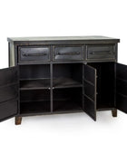 Black wooden sideboard with open doors on a white background