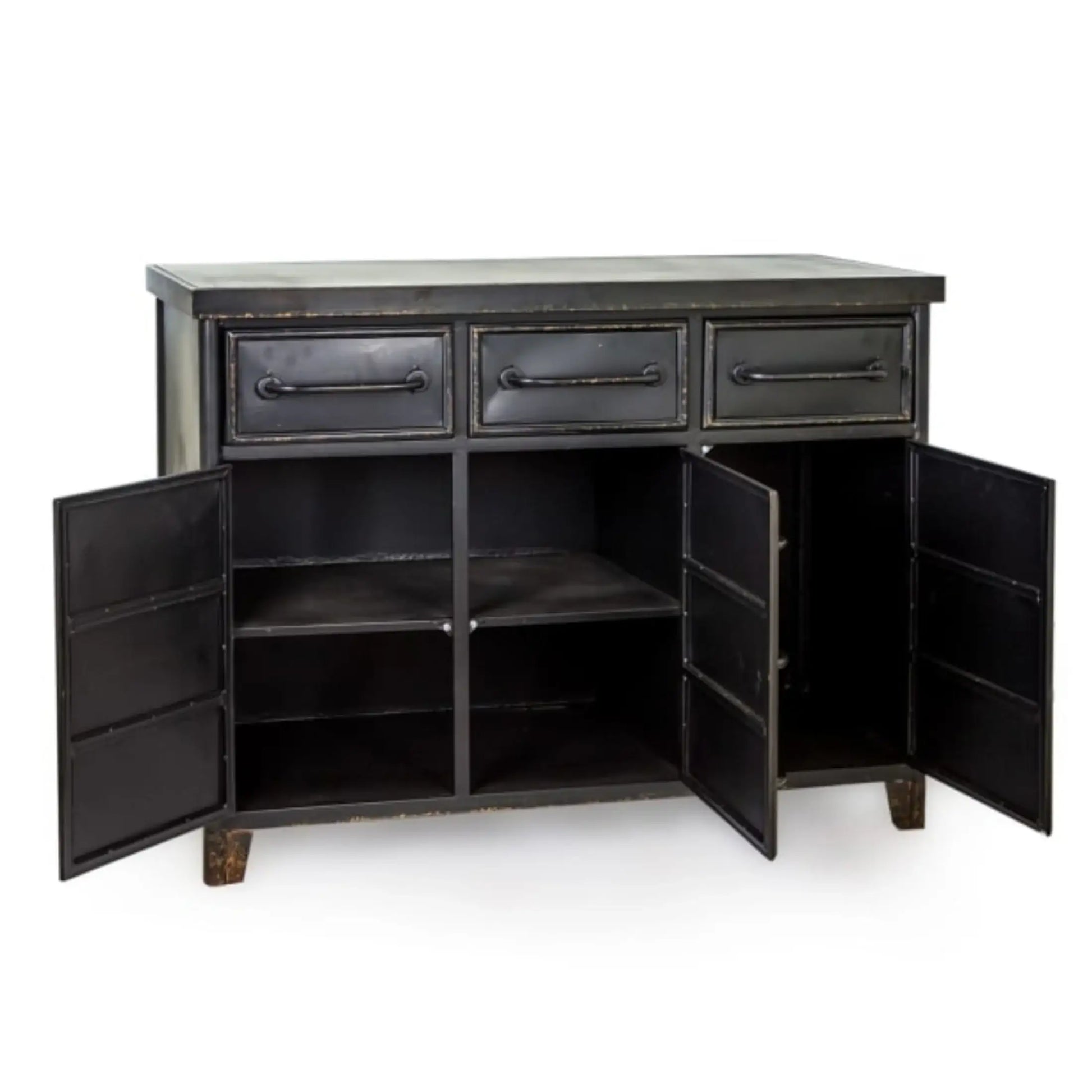 Black wooden sideboard with open doors on a white background