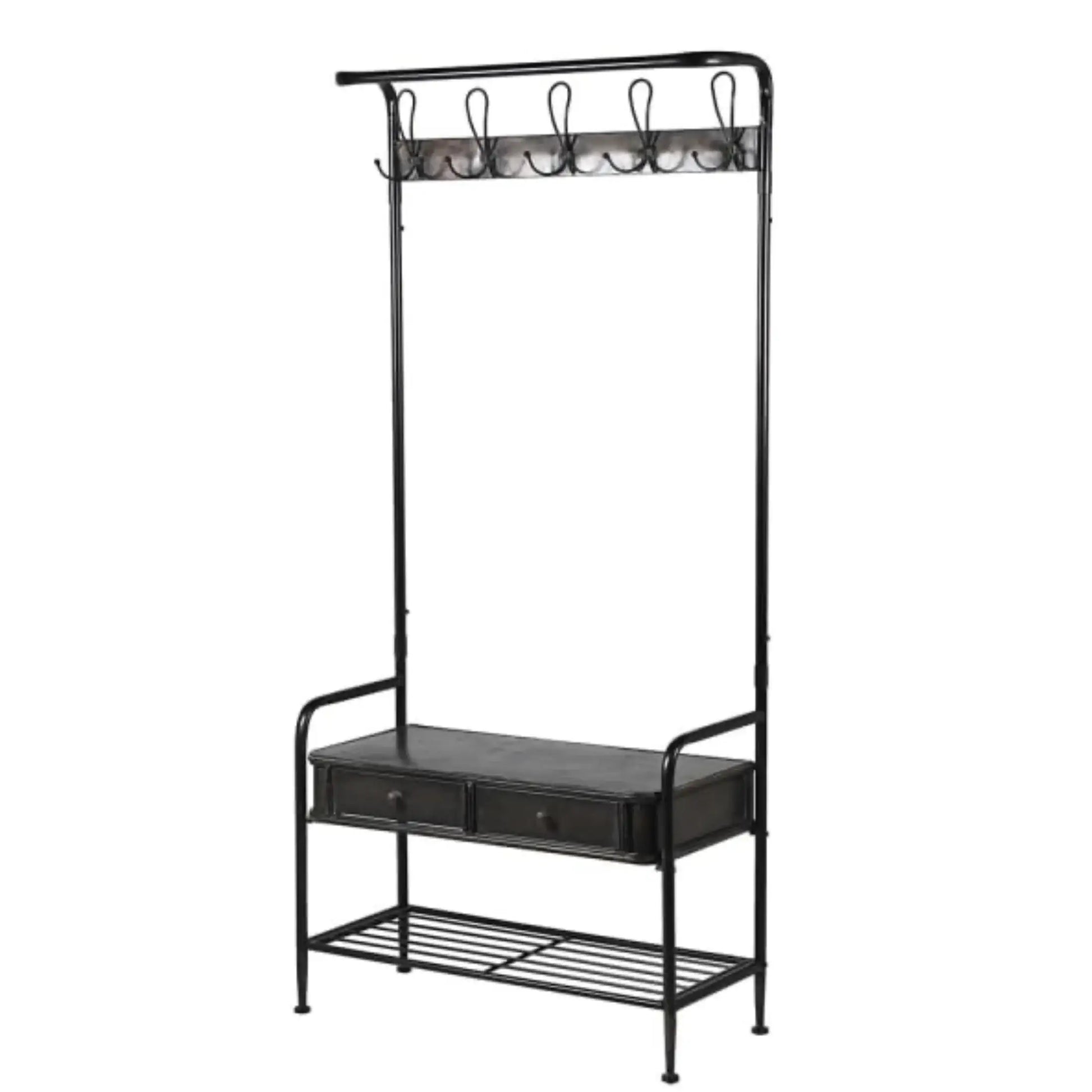 Black metal coat rack with shelves and hooks on a white background
