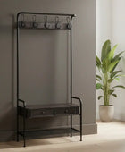 Black metal hall stand with hooks and a small drawer against a neutral wall with a plant in the background.