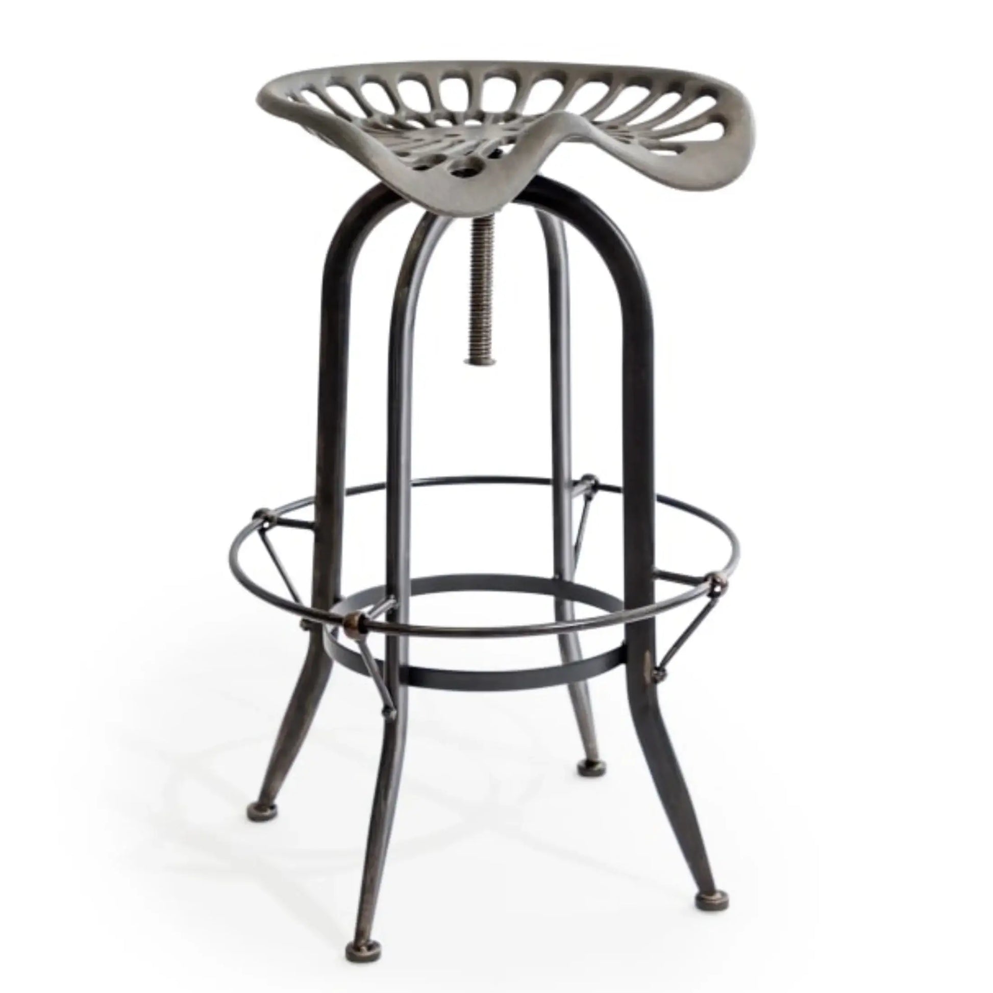 Metal bar stool with a unique seat design on a white background