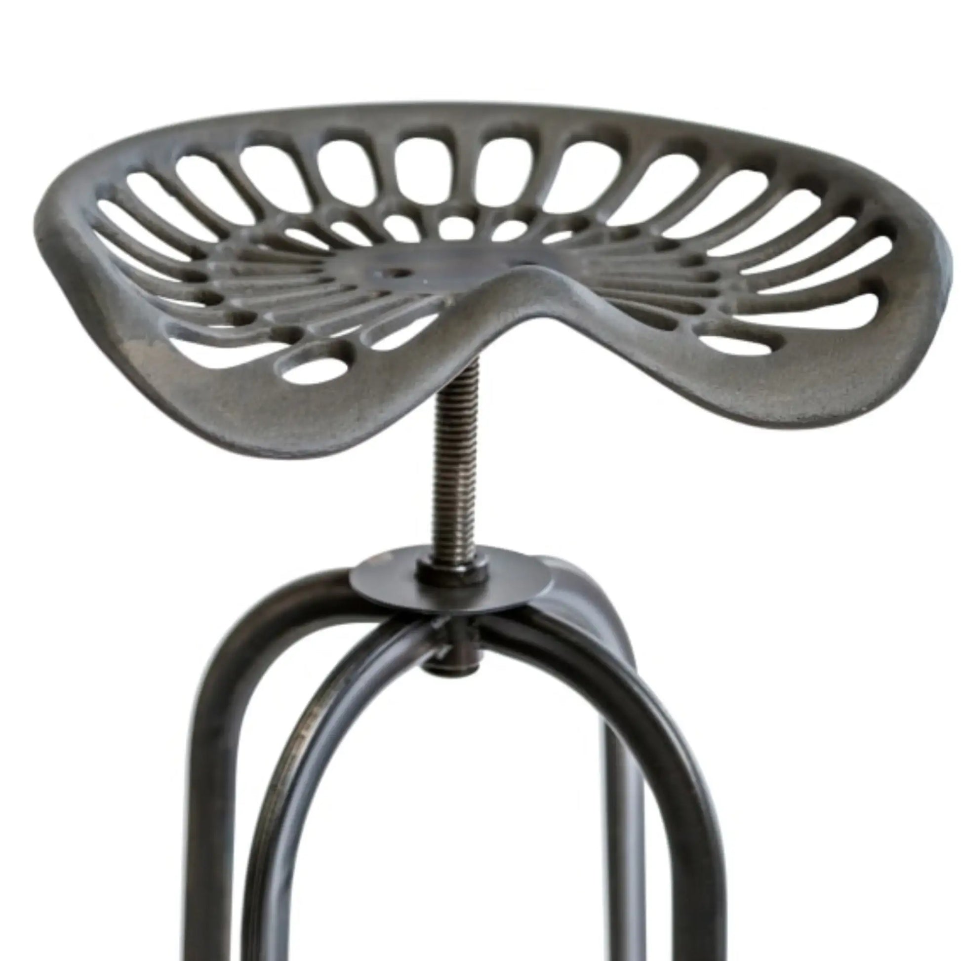 Black metal stool with unique seat design on a white background