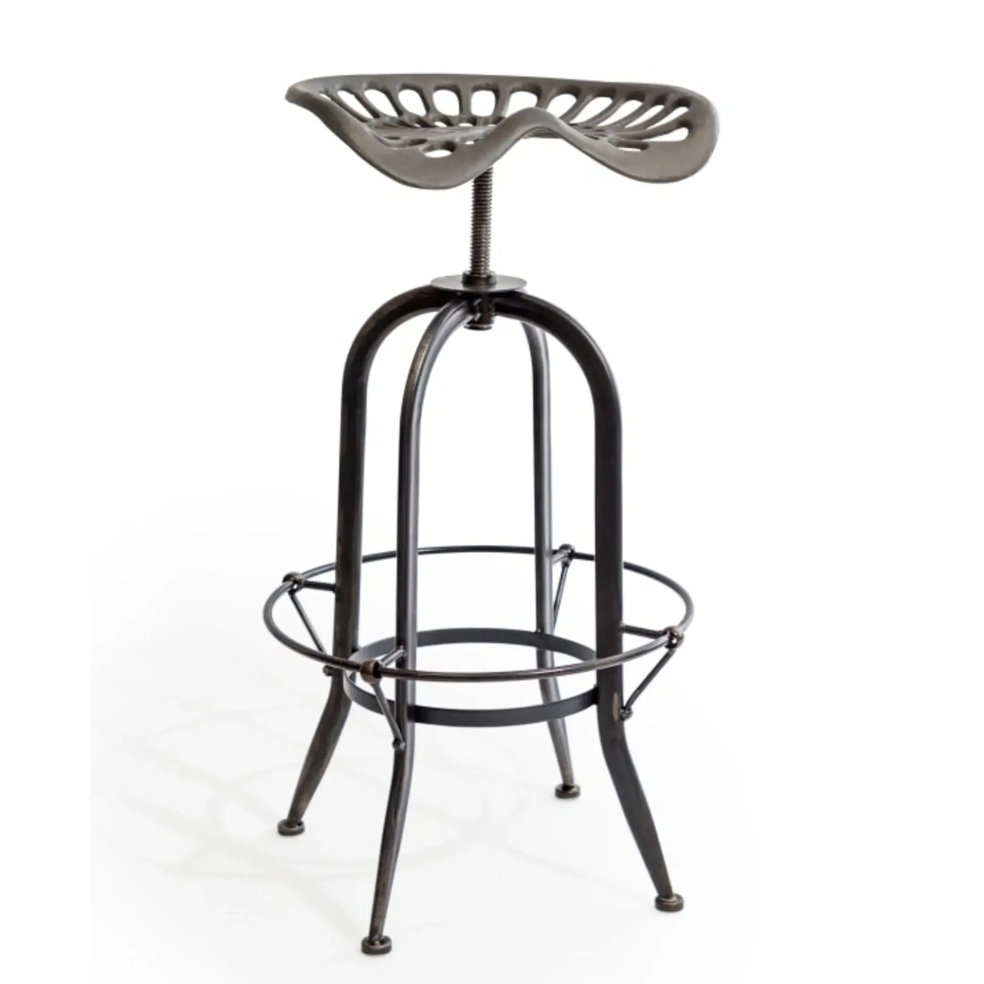 Black metal bar stool with a unique design on a white background