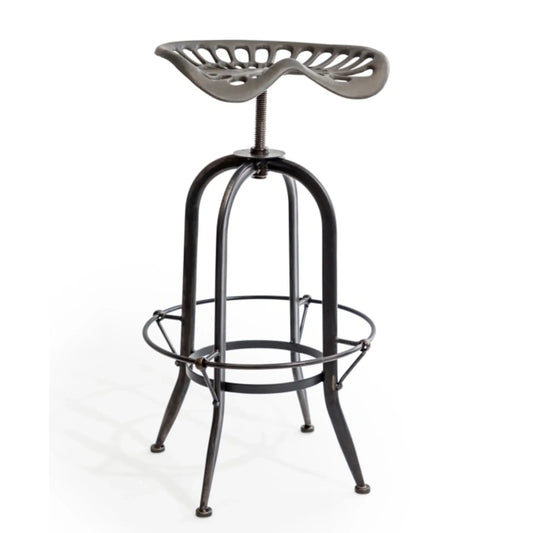 Black metal bar stool with a unique design on a white background