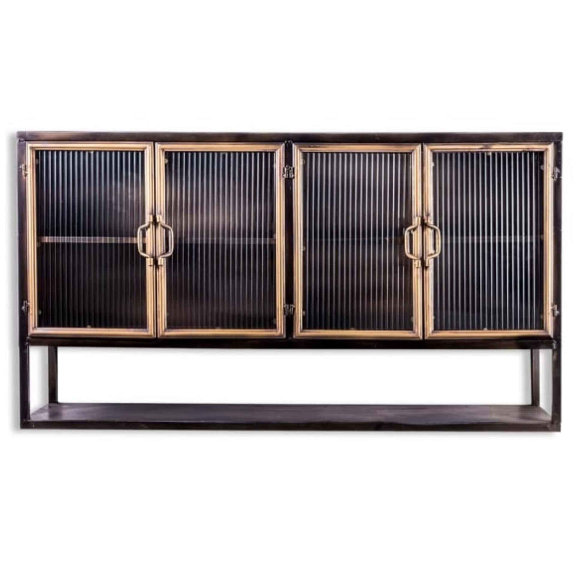 A modern wall-mounted sideboard cabinet with four doors featuring vertical fluted glass panels in a dark finish, framed by brass-toned metal borders and handles, set against a plain white background.