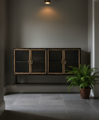 A modern wall-mounted cabinet with four ribbed glass doors and warm brass handles, set against a dark gray wall in a minimalist interior. A potted fern sits to the right, and a hanging pendant light casts a warm glow above.
