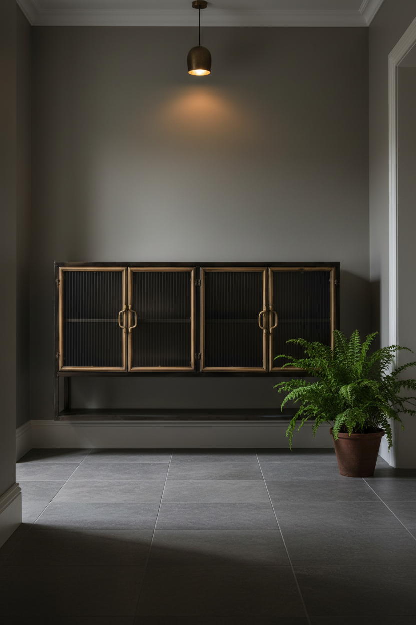 A modern wall-mounted cabinet with four ribbed glass doors and warm brass handles, set against a dark gray wall in a minimalist interior. A potted fern sits to the right, and a hanging pendant light casts a warm glow above.