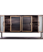 A dark wood and brass cabinet with two open doors and two ribbed glass doors, set against a plain white background.