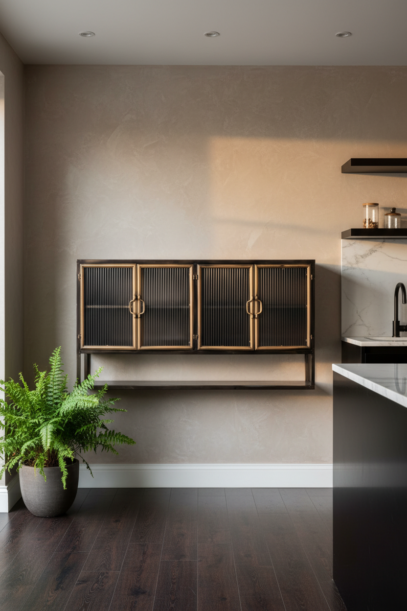 A modern wall-mounted cabinet with three ribbed glass doors in a warm black finish and gold-toned handles, installed in a minimalist kitchen setting with dark wood floors and a potted fern nearby.
