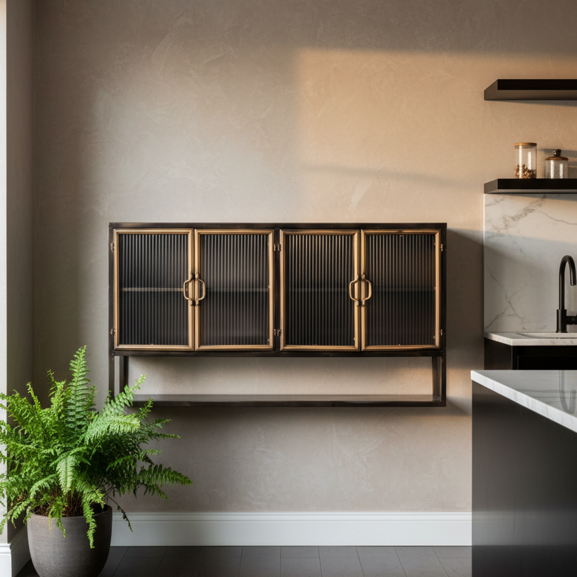 A modern wall-mounted cabinet with three ribbed glass doors and brass-toned handles, shown installed on a beige wall in a styled interior with a potted fern and kitchen elements nearby.