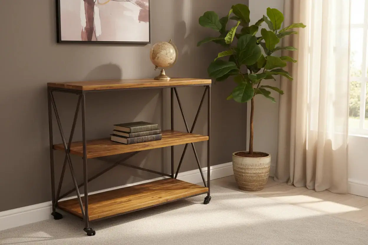 Wooden shelf with books and a plant in a room with a window and painting.