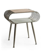 Modern outdoor chair with curved metal frame and wooden seat on a white background