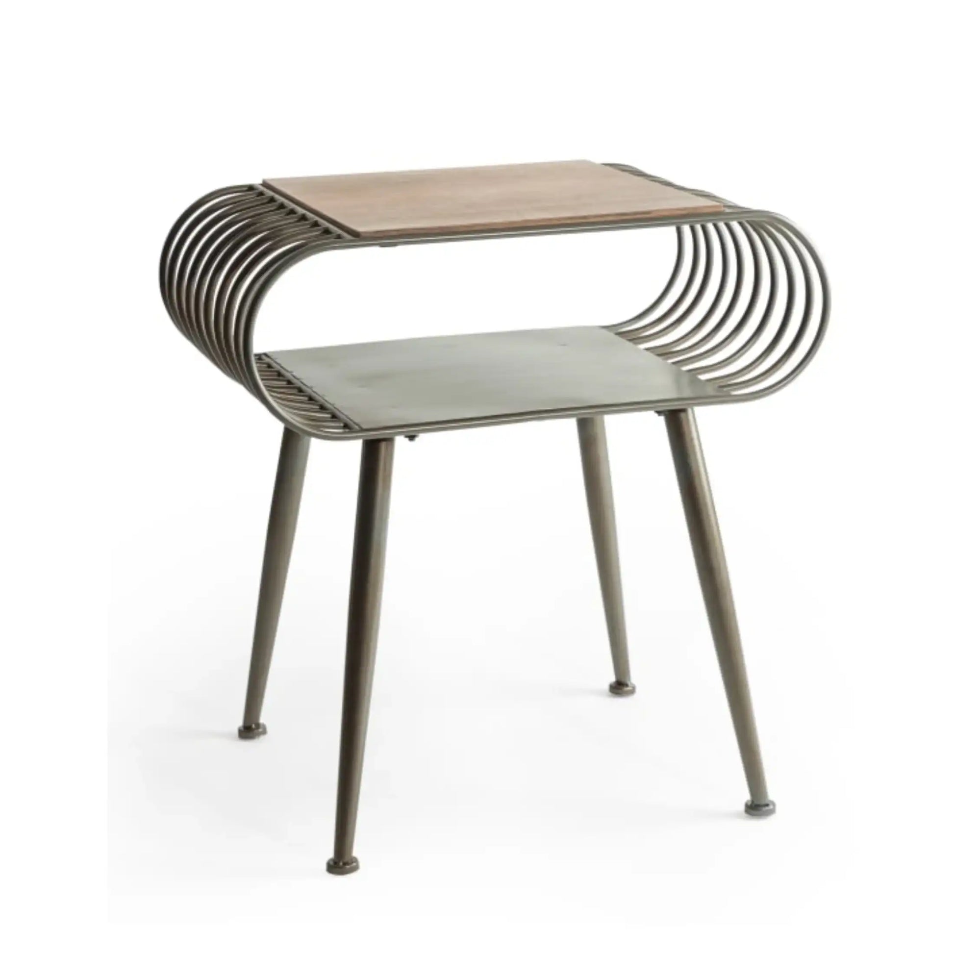 Modern outdoor chair with curved metal frame and wooden seat on a white background