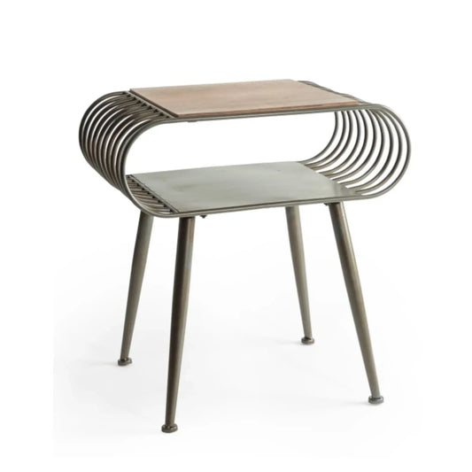 Modern outdoor chair with curved metal frame and wooden seat on a white background